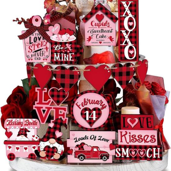 17Pcs/Set Valentine's Day Tiered Tray Decoration Love Heart Gnome Wooden Table Sign Rustic Farmhouse Desktop Layered