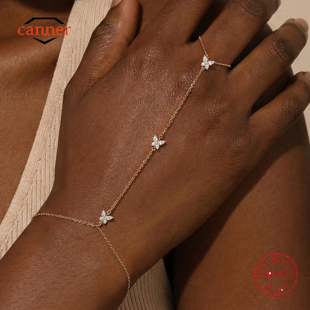 Canner Copper Butterfly Cz Finger Bracelet Ring Chain For Women Ins Eight-Pointed Star Hand Ring Chain Bracelets