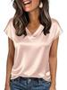 Damen Satin V-Ausschnitt T-Shirt: Frühling Sommer Europäisch Amerikanisch Einfarbig Lässig Business Pullover Oberteil
