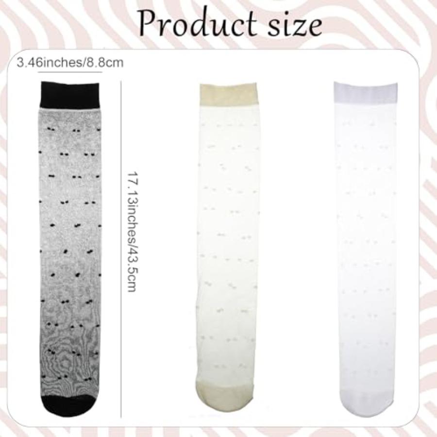 3Pairs Polka Dot Knee High Stockings For Women, Multicolor Sheer Nylon Knee Socks, Soft Cuff, Thin Dress Hosiery Socks