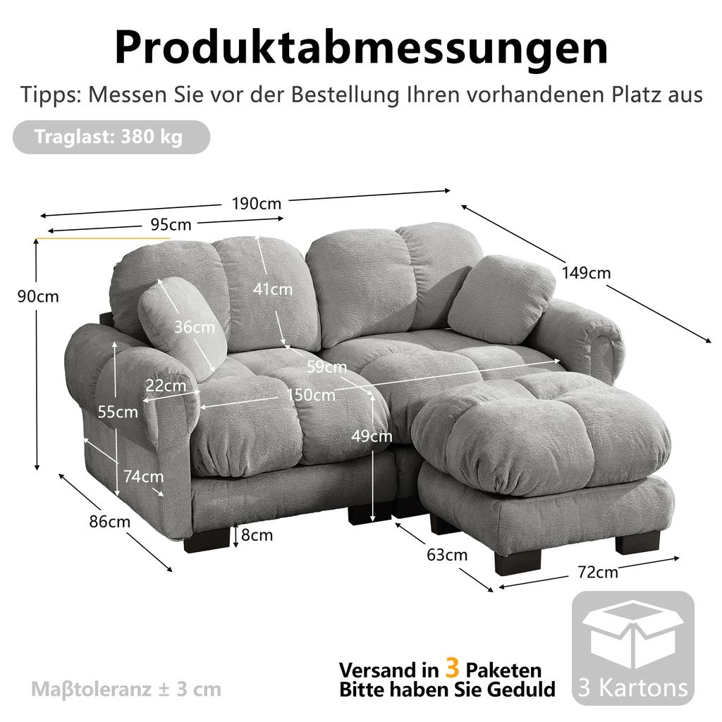 2-Sitzer Chenille-Sofa, L-förmige modulare Ecke, gestepptes Design, dicke Sitzkissen, mit mobilem Hocker, einfach zu montieren, Hellgrau