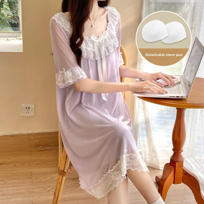 

GMXIA Сказочное ночное платье, Пижама в стиле придворной принцессы, Летнее с коротким рукавом, Популярное и сексуальное кружевное ночное платье с нагрудными вкладышами L