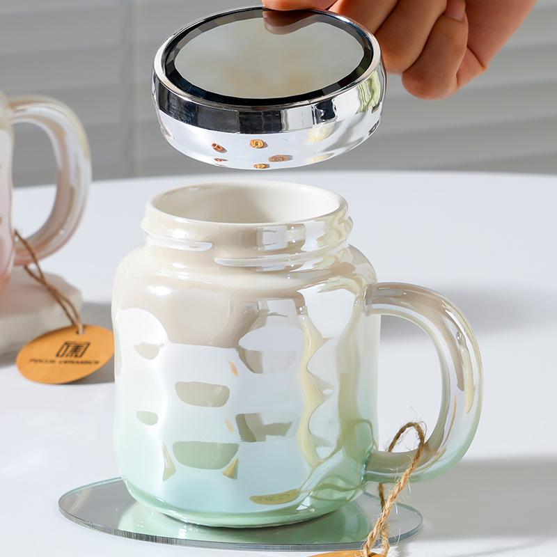 Spiegelbecher mit Deckel Bunt Hochwertig Große Kapazität Keramiktasse mit Henkel Ins-Stil Kreative Tasse Souvenirgeschenk