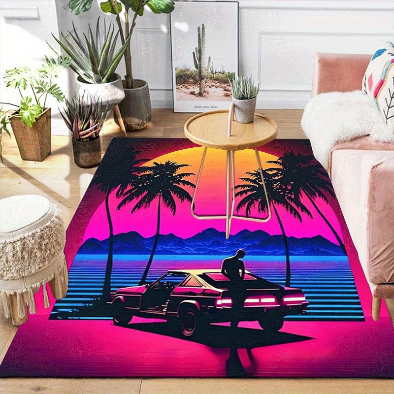 1pc Sunset Night Car Print Design Area Rug - Soft, Anti-Slip, and Durable Gaming Room Decor for Bedroom