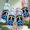 1PC Colorful Peace Sign Flower Wreath 750ml Color Plastic Sports Water Bottle Leakproof Flip Straw Lid Suitable for Sports Office Home Use
