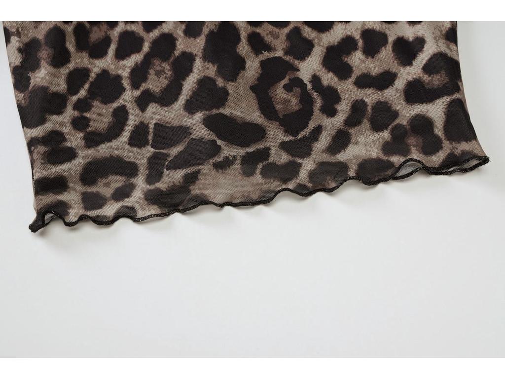 2025 European & American Women's Leopard Print One-Shoulder Semi-Sheer Long-Sleeve Top.