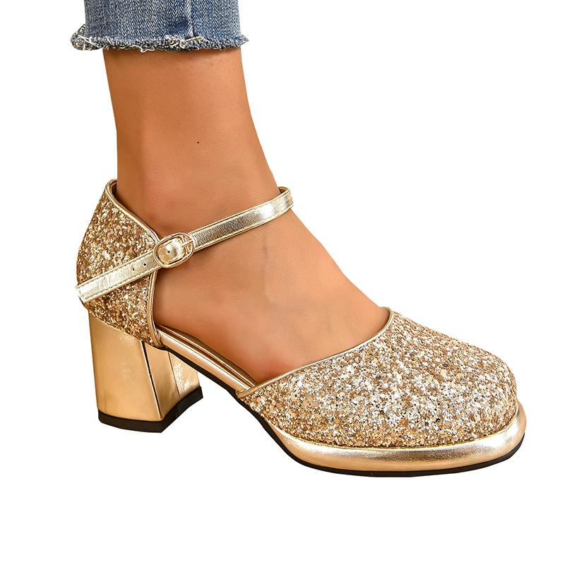 

Большой размер Пайеточная ткань Пэчворк ПУ Круглый носок Толстый каблук Блестящие сандалии Ремешок на щиколотке Неглубокий вырез Сверхразмер Босоножки на высоком каблуке 39 золотой