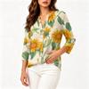 Women's Vintage Floral Print Henley Button Neck Shirt Three Quarter Sleeve Cotton Linen Blend Casual Top