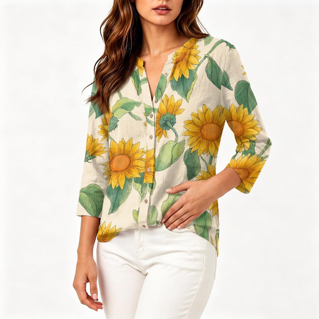 Women's Vintage Floral Print Henley Button Neck Shirt Three Quarter Sleeve Cotton Linen Blend Casual Top