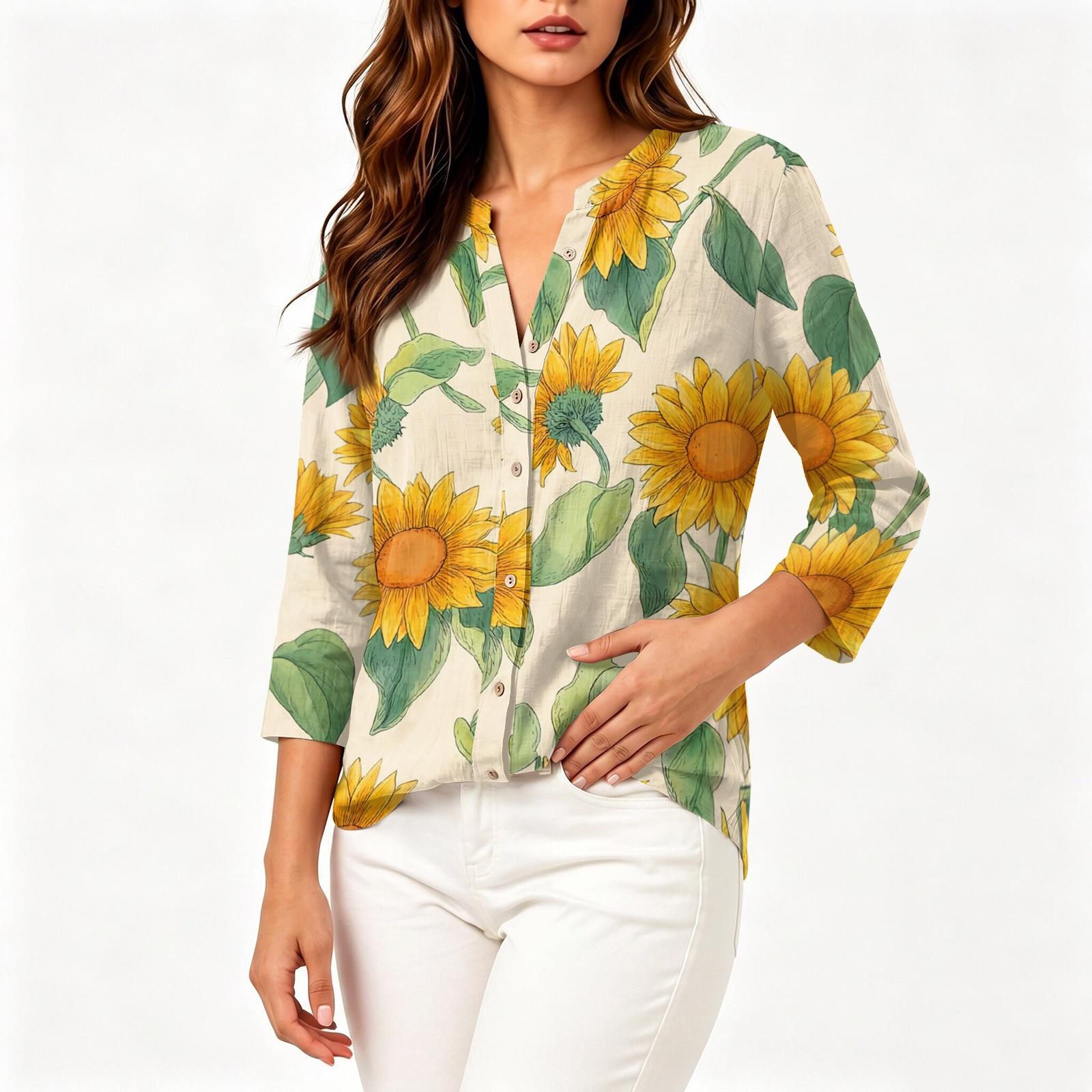 Women s Vintage Floral Print Henley Button Neck Shirt Three Quarter Sleeve Cotton Linen Blend Casual Top L бежевый