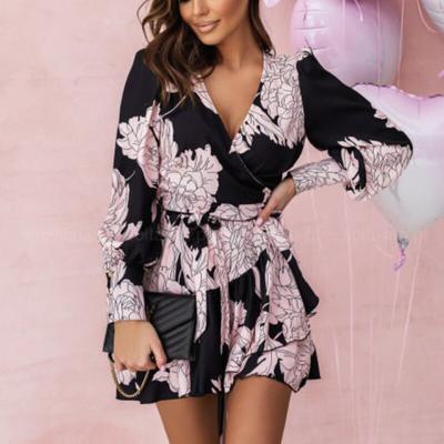 Spring Sweet Pleated Mini Sexy Dress Fashion Belt Flower Print Dress Lady Elegant V-Neck Ruffle Long Sleeve Dress Vestidos 26338