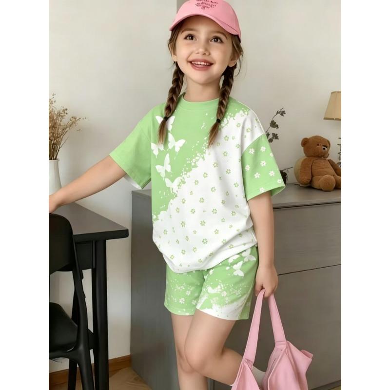 1615 Flame Retardant Digital 3D Swan Girls' Short Sleeve and Shorts Home Wear Set, Suitable for Girls Aged 3 To 8