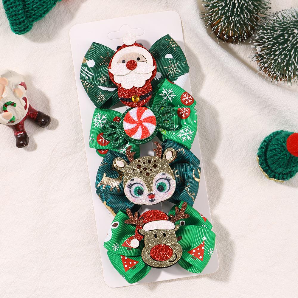 4pcs Christmas Hair Bow Clips for Baby Girls DIY Glitter X'mas Santa Elk Bowknot Hairpin Cute Kid Headwear Hair Accessories