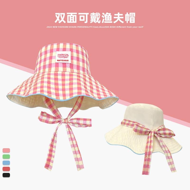 Plaid wide edge strap bucket hat women's summer big brim showing face small sun hat sun protection hat basin hat