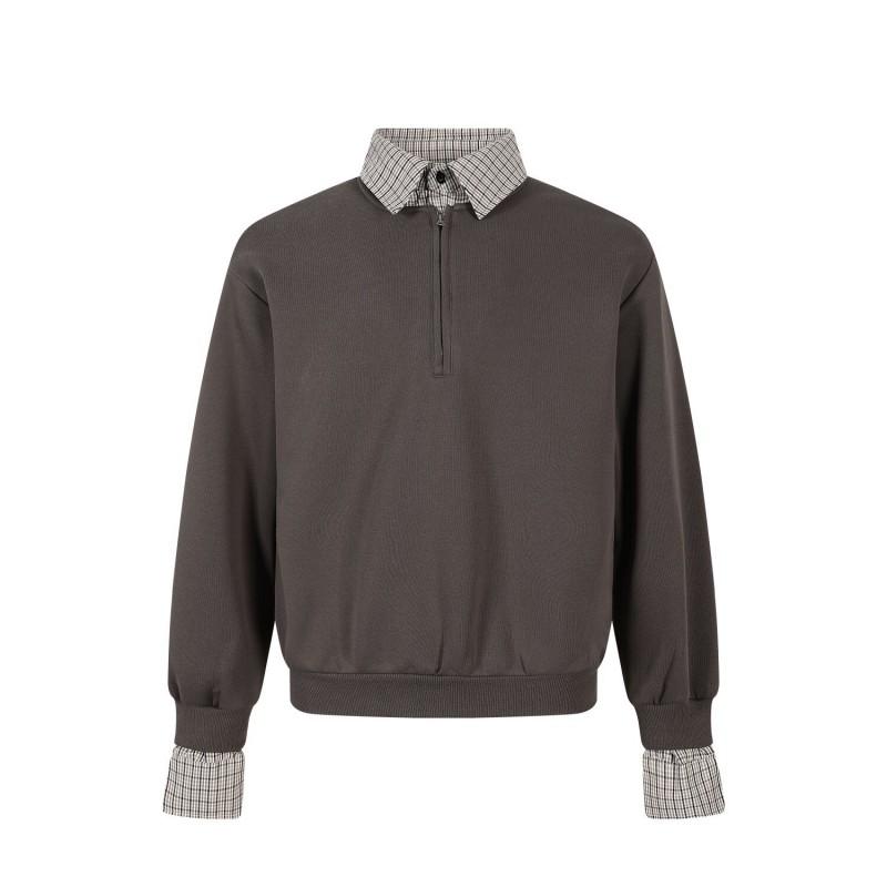 Mens Casual Layered-Style Zip-Up Polo Collar Sweatshirt Plain Color Loose Fit Cotton Blend Wear
