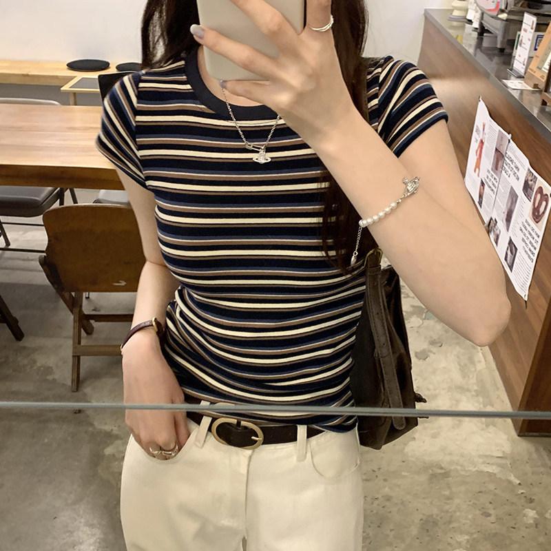 Contrasting Color Striped Crew Neck Front Shoulder Short-sleeved T-shirt Women's Summer Commute Versatile Slim-fit Design Sense Thin Bottoming Top