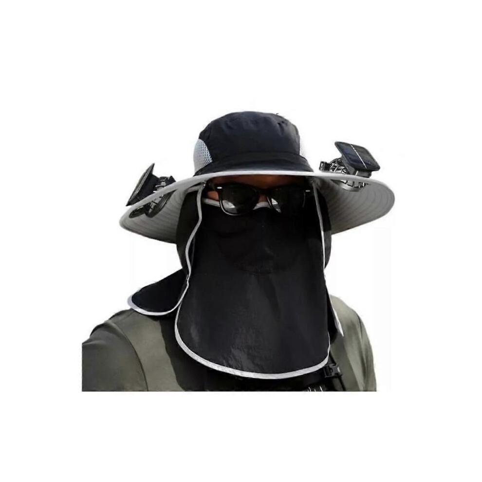 (Schwarz) Sombrero Con Ventilador Solar, Sonnenhut mit breiter Krempe und 2 Solarventilatoren für den Außenbereich