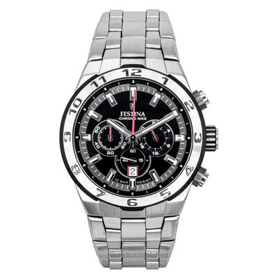 Chrono Bike Chronograaf Roestvrij Staal Zwarte Wijzerplaat Kwarts F20670-6 100M Herenhorloge