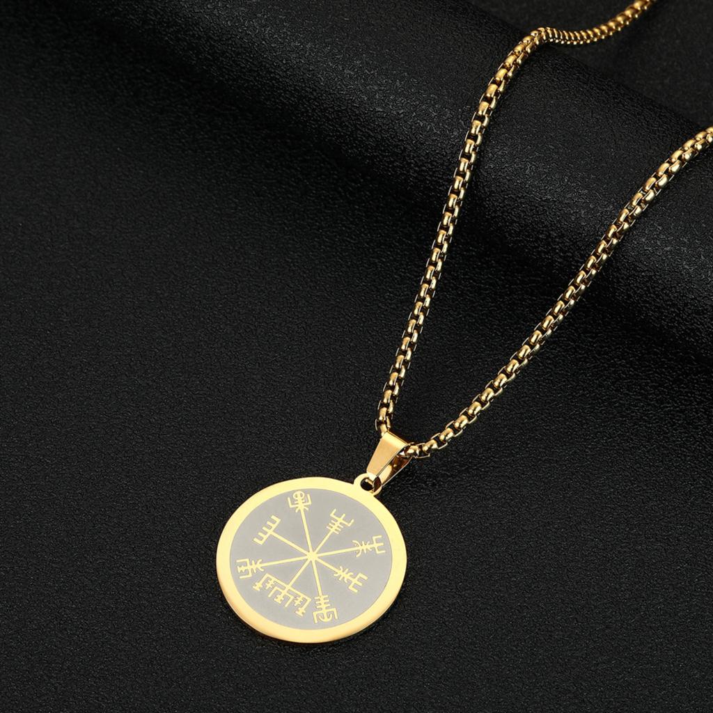Kinitial Viking Compass Vegvisir Pendant Necklace for Men Boys Stainless Steel the Witcher Medallion Charm Chain Hip Hop Jewelry