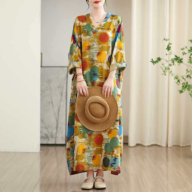 New Color Travel V-neck Retro Long Skirt Cotton Linen Dress