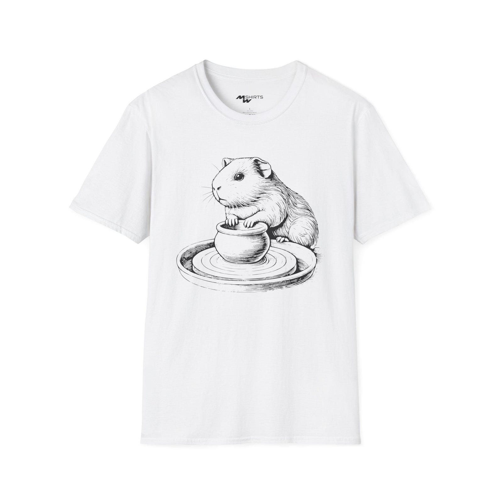 Engraving-Style Pottery Guinea Pig Art Print / Unisex Softstyle T-Shirt 2XL