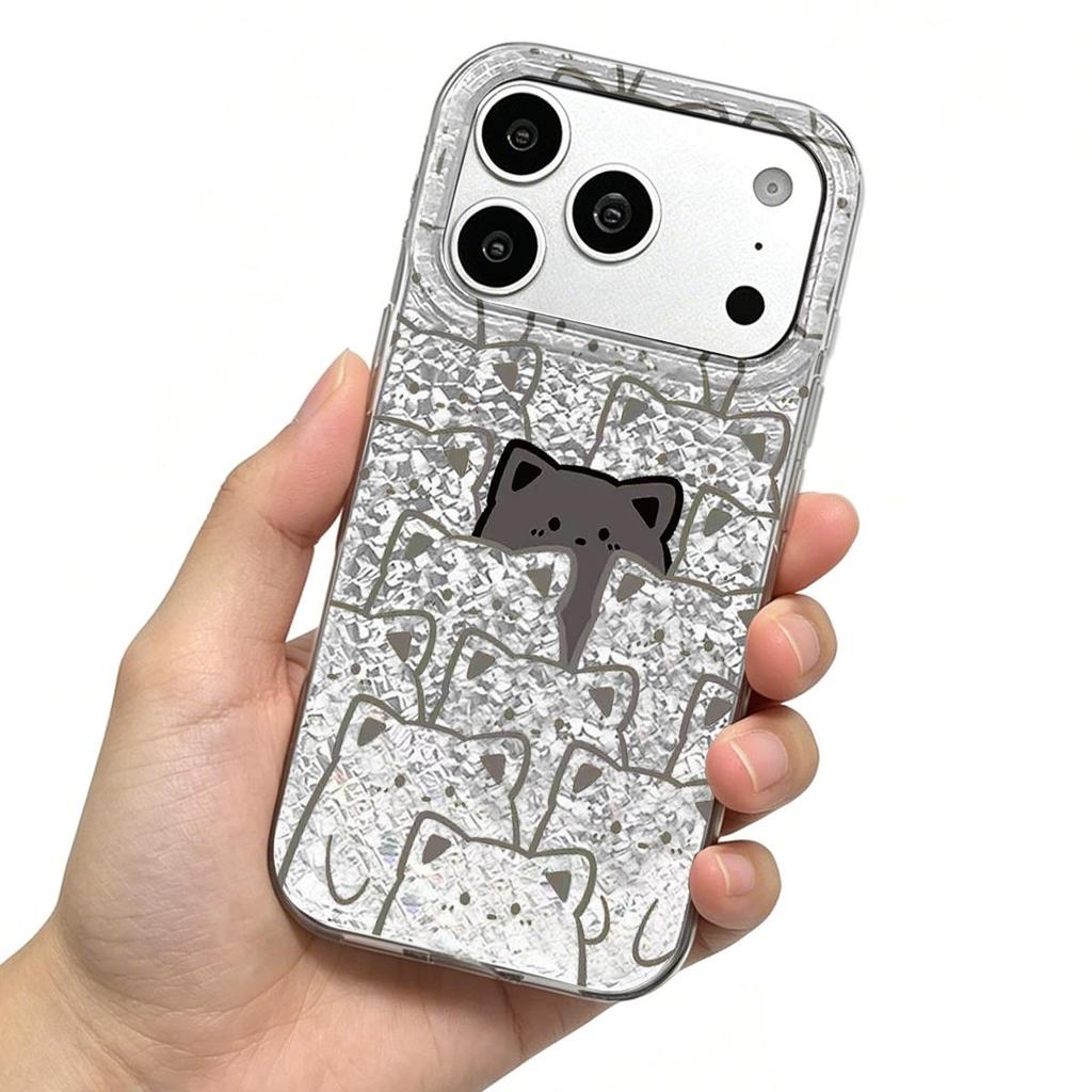 Case for iphone XS Max 16 Plus 17 Pro 14 15 11 18 Pro Max 13 Air 12 XR Silver Glitter Crackle Background Cat Hidden Patterns