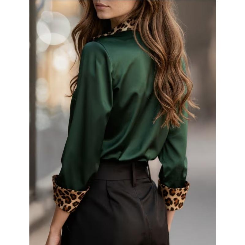 New Women's Leopard Print Long Sleeve Office Shirt Spring Autumn Lapel Casual Loose Blouse Simple Satin Elegant Solid Color Top Clothing