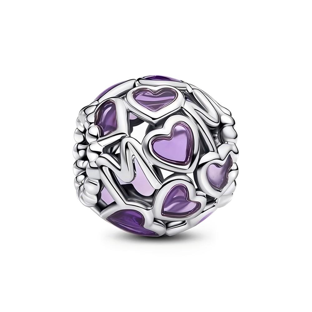 Purple Hollow Heart Mum Charms Beads Fit Original Bracele For Women Diy Bead For Jewelry Making Mother'S Day Gift