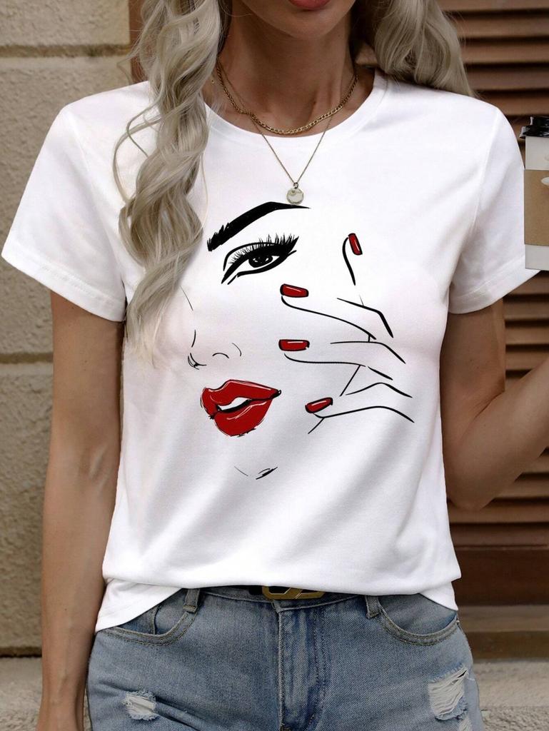 Women's Simple Line Graphics T-Shirts Casual Short Sleeves O-Neck Tops Loose Comfortable Tees Oversize Clothes Woman's Clothing
