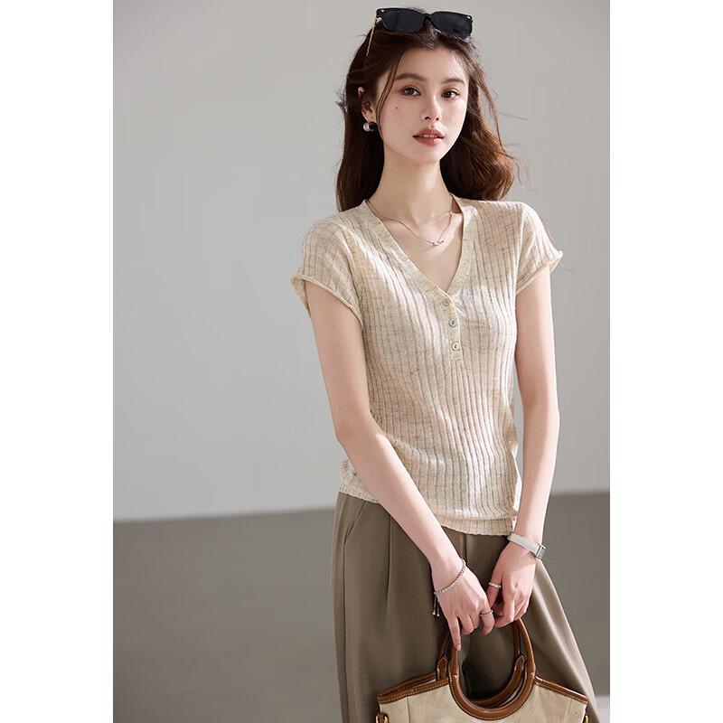 Women s Lightweight V-Neck Linen Blend Knit Top XL