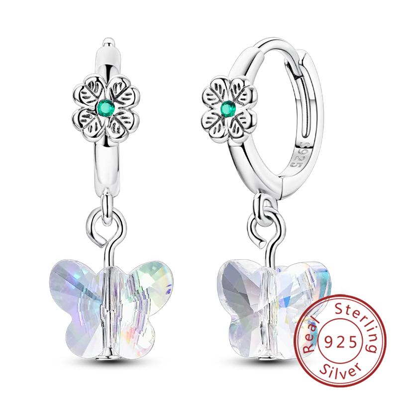 New Original 925 Silver Hoop Earrings Purple Zircon Flowers Butterflies Studs Earring For Women Wedding Engagement Gift