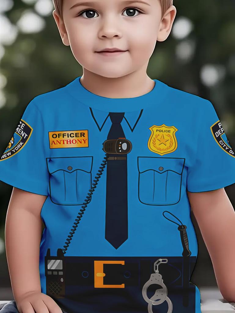 Children's T-Shirt Boy Cool Police Badge Print Fashion Round Neck Short Sleeve Summer Outdoor Sport Perfect Gift T-Shirt for Boy