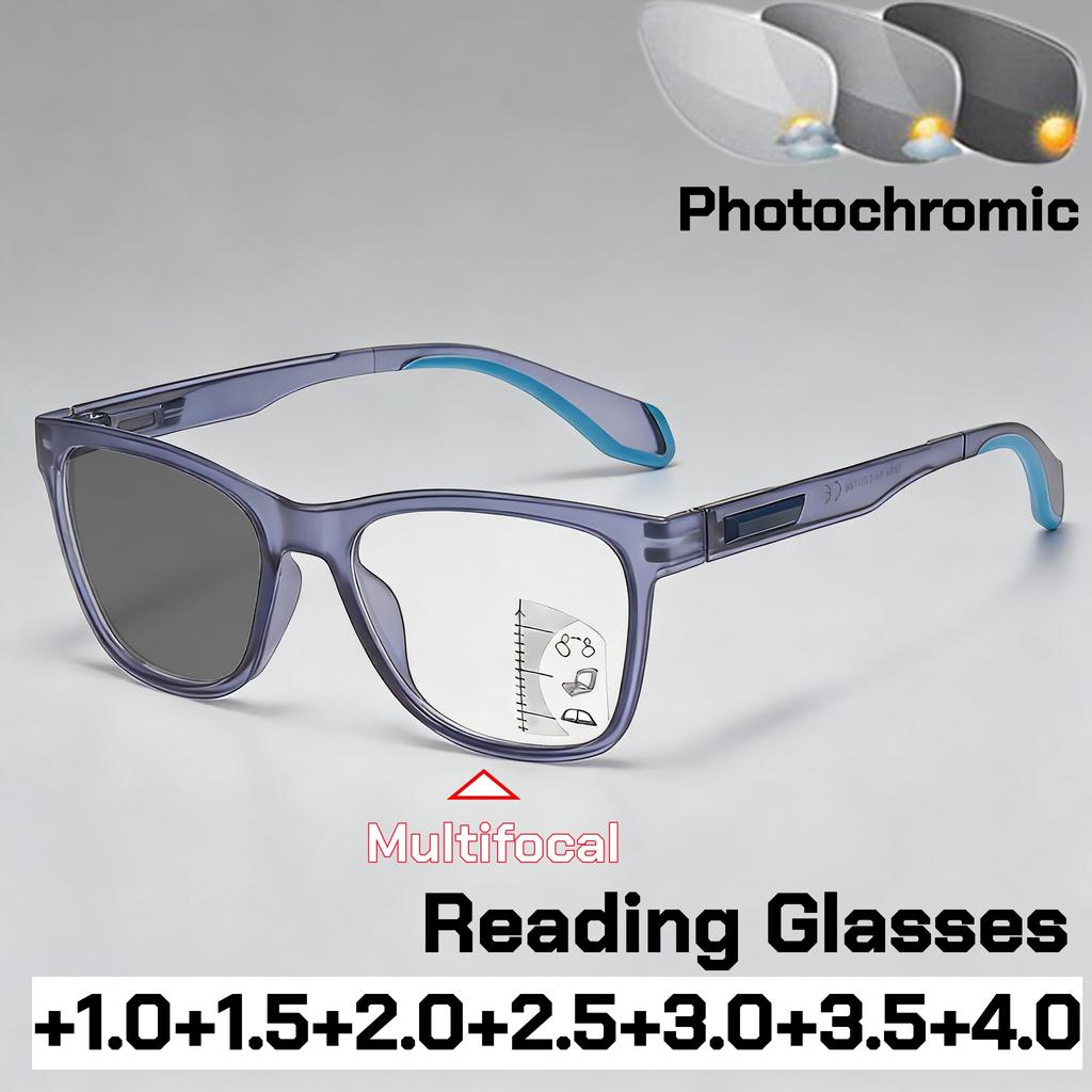 Square Frame Multifocal Photochromic Reading Glasses Men's Business Anti Blue Light Multifocal Degree Glasses Near and Away+4.0
