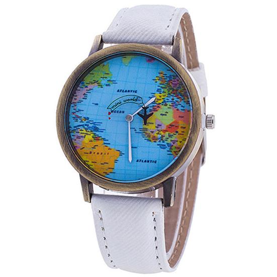 Women's World Map Dial Denim Fabric Strap Analog Quartz Students Wrist Watch