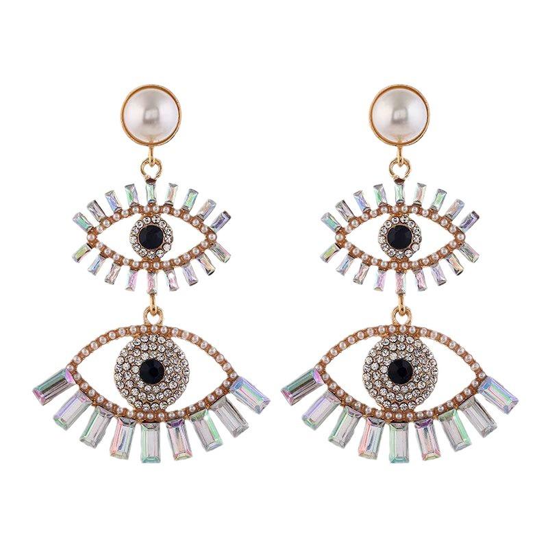 Exaggerated European & American Fashion Devil's Eye Fan-Shaped Rhinestone Tassel Earrings
