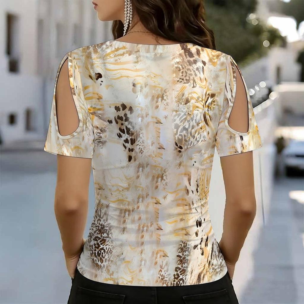 Women V Neck Cold Shoulder Blouse Dark Brown Dense Leopard Print Short Sleeve Top