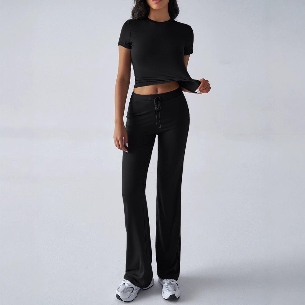 2025 European & American Women's Spring/Summer Solid Color Round Neck Set - Short Sleeve Top & Long Pants