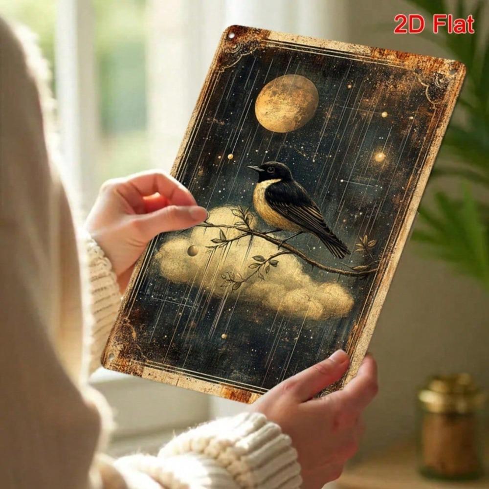 Vintage Moon & Stars Metal Wall Art, 8x12, Retro Celestial Bird Iron Sign for Living Room Office