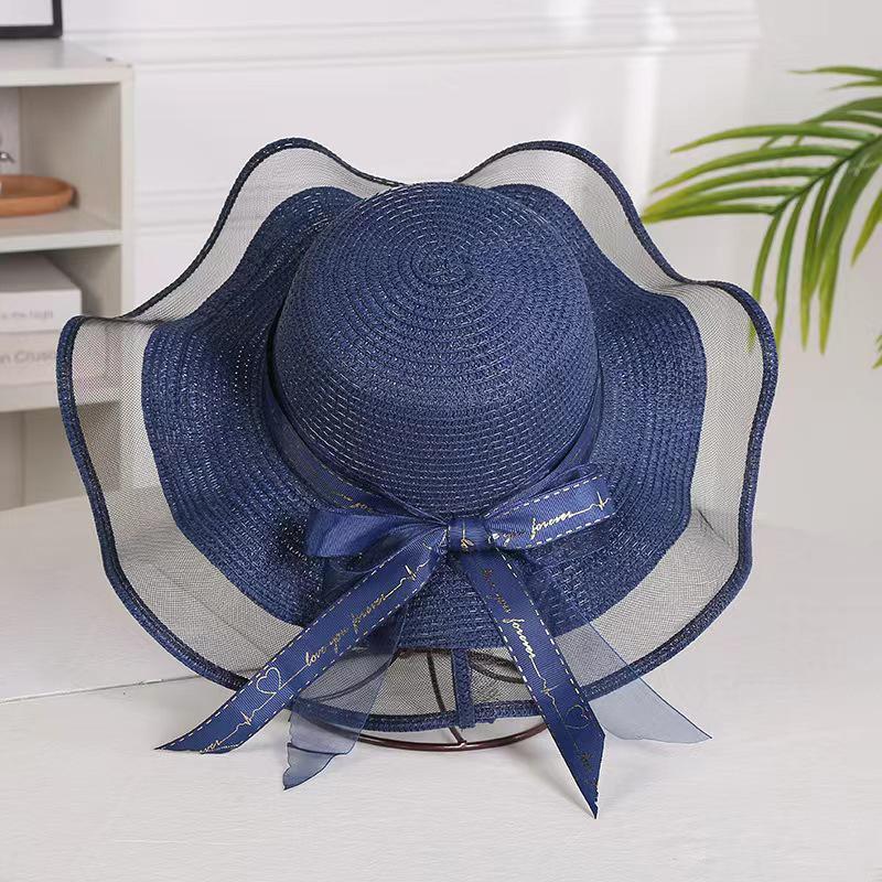Fashion Flat-Topped Straw Hats Girls Wide Brim Sun Hat Outdoor Lace Bow Strap Lightweight Uv Protection Beach Cap