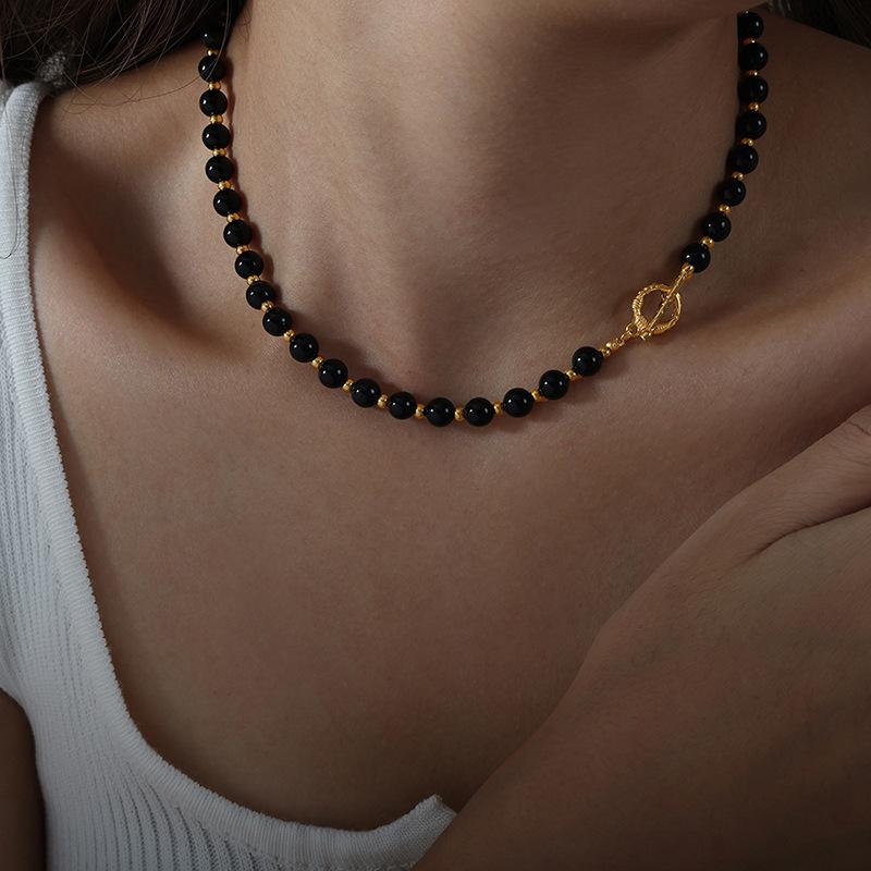 Vintage Black Agate Beaded Necklace For Women Stainless Steel OT Buckle Necklaces Elegant Woman Jewelry