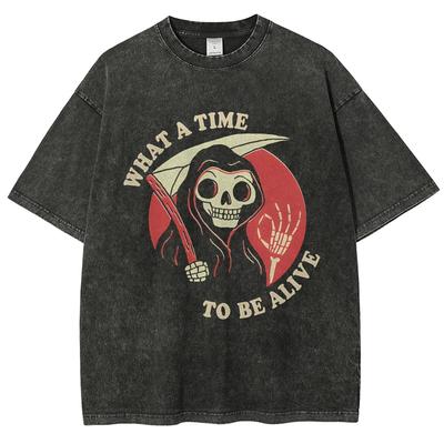 Trendy Vintage 90s Oversize Unisex Washed T-shirt, Funny Skeleton Death Halloween Vintage Graphic T-Shirts - Men's Short Sleeve,