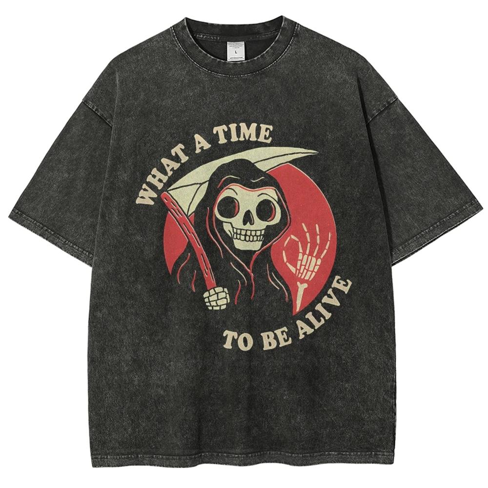 Trendy Vintage 90s Oversize Unisex Washed T-shirt, Funny Skeleton Death Halloween Vintage Graphic T-Shirts - Men's Short Sleeve,