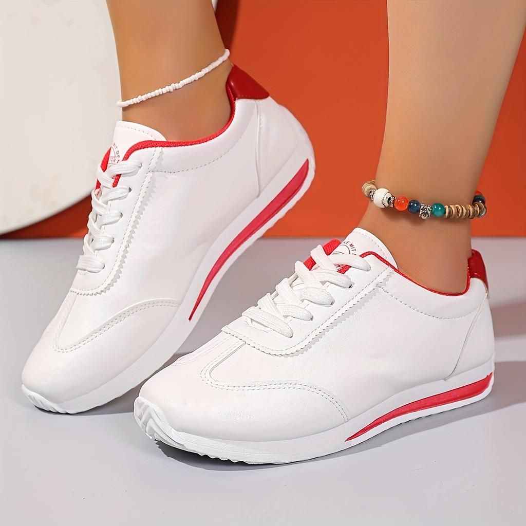 Women's Low-Top Sneakers Striped Sole White Sneakers Casual Outfits - Sporty Lace-Up Shoes with Fabric Upper Women Shoes