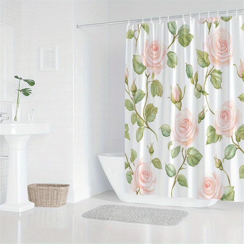 1pc Romantic Pink Roses and Green Leaves Shower Curtain - Exquisite Floral Pattern, Machine Washable Polyester Fabric