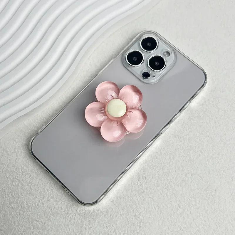 Transparent Resin Candy-Colored Flower Phone Holder Foldable Desktop Stand Cute Floral Retractable Grip for Mobile Devices 1pc