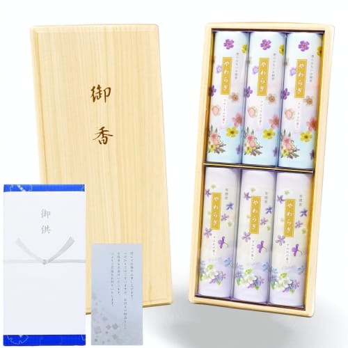 [Condolence note included] [New Yawaragi Floral/Violet Scent] Incense Set, Low-Smoke and Smoke-Producing Incense, Paulownia Wood Box with Gift Wrappin