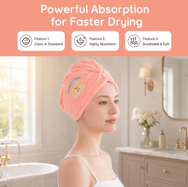 Custom Coral Velvet Cartoon Embroidered Quick-Dry Dry Hair Cap Women Thickened Water Absorbent Shower Headscarf