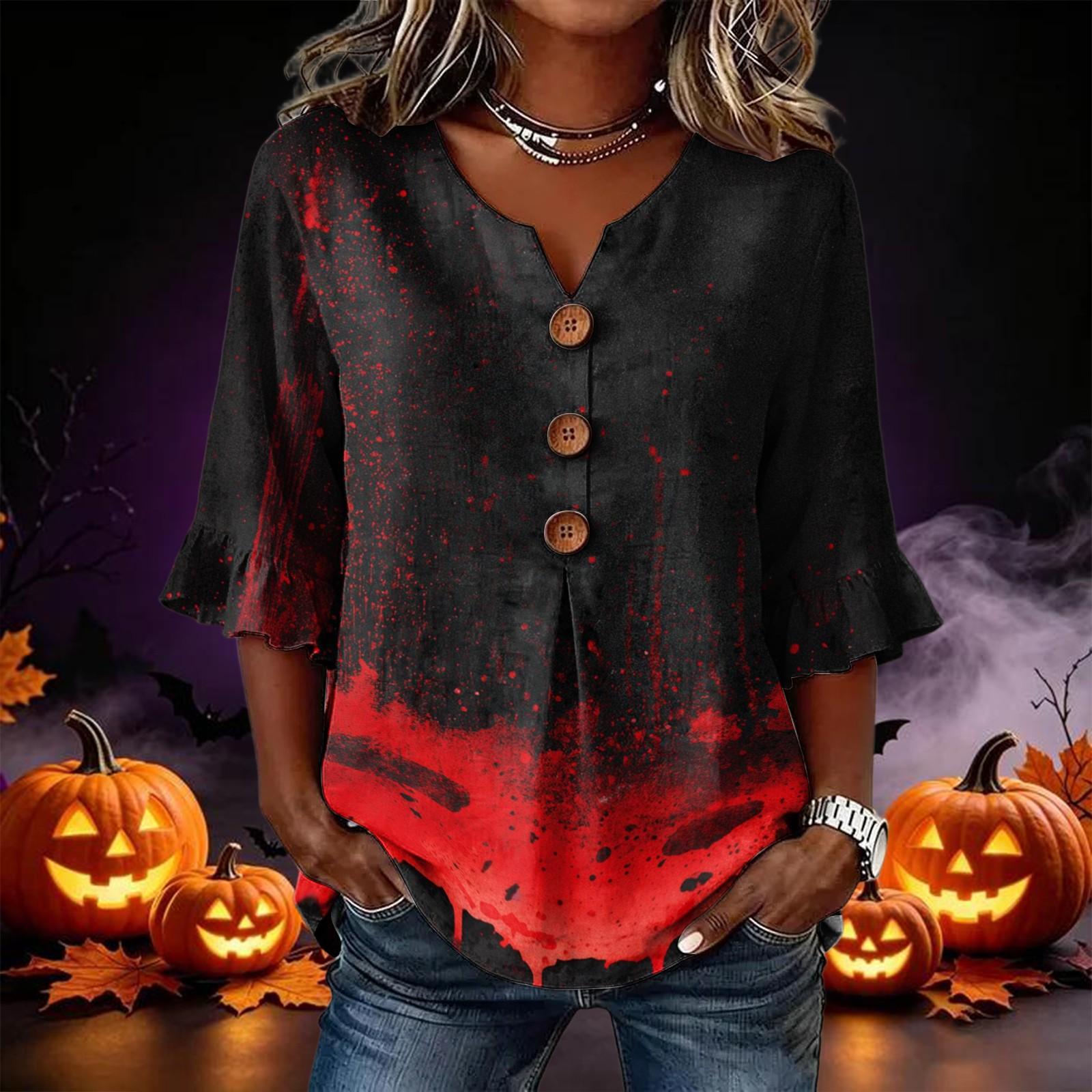 Women s Halloween Printed Blouse Lace Trim Sleeves Loose Fit Casual Tunic Top L
