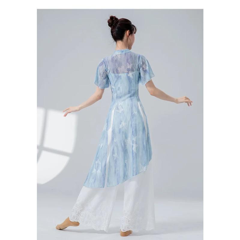 Classical Dance Women Split Hem Long Gauze Mesh Shirt Cheongsam Neck Hanfu Performance Sheer Flowy Blouse Training Dancewear