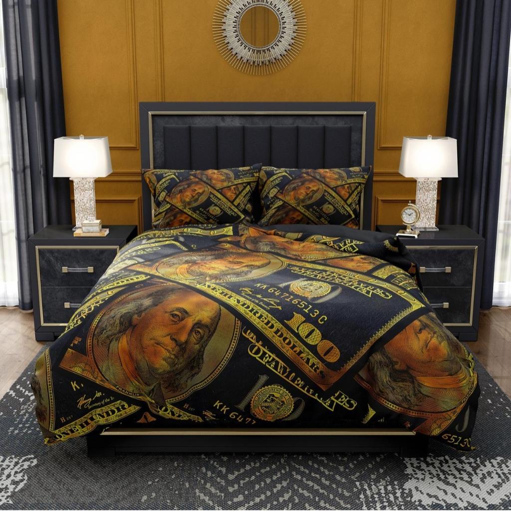 Dollar Printed Duvet Set, Dollar Bill Bedroom Bedding Quilt Set Three-Piece Set
